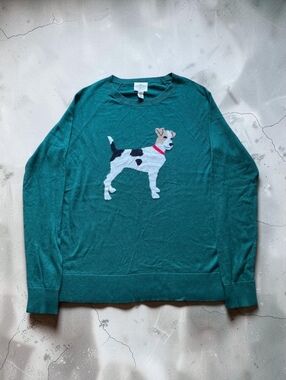 St. Johns Bay Small Green Dog Knit Sweater Jack Russell Terrier Crewneck